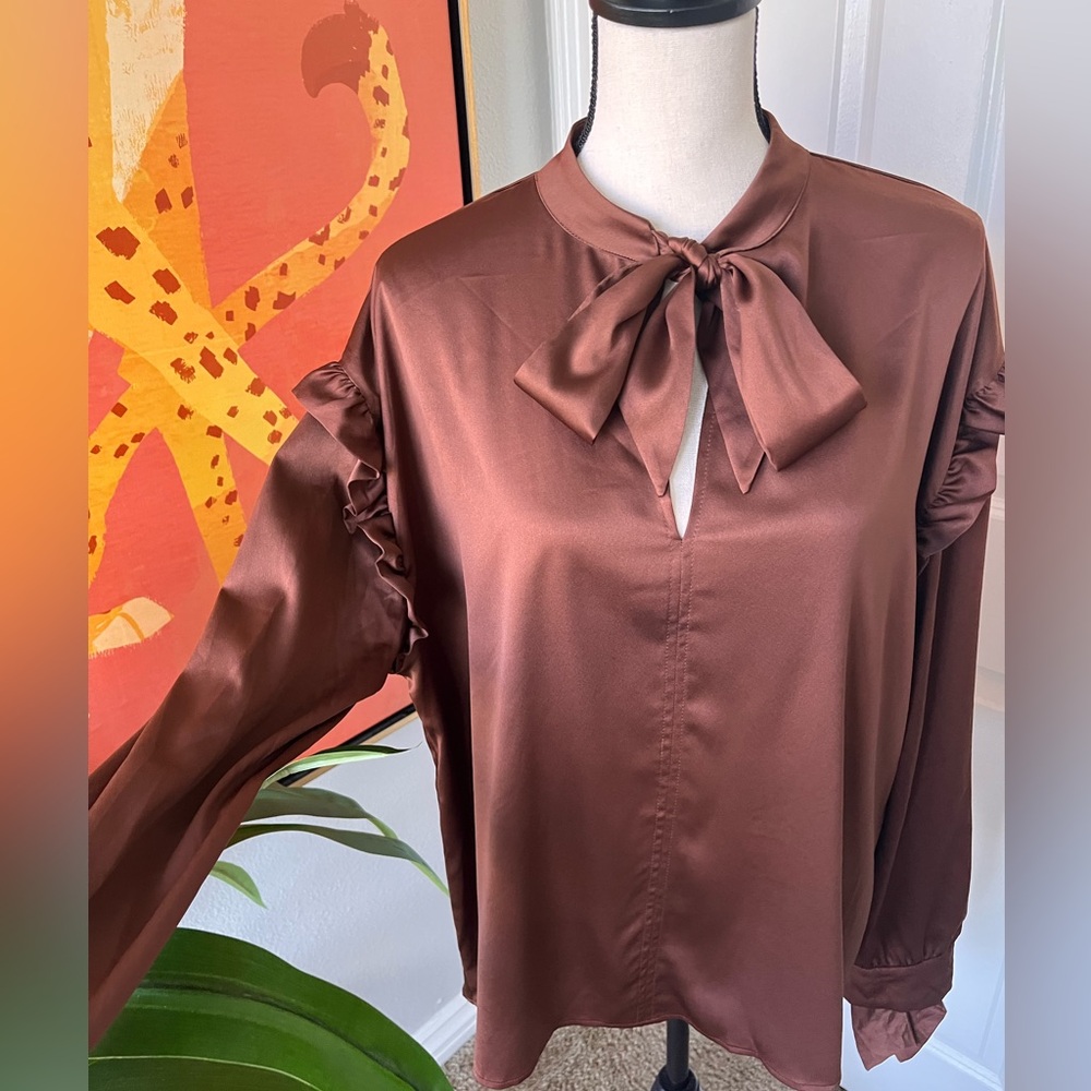 Express Brown Long Sleeve Satin Blouse Size L Ruffles Bow Ties NWT - Picture 3 of 9